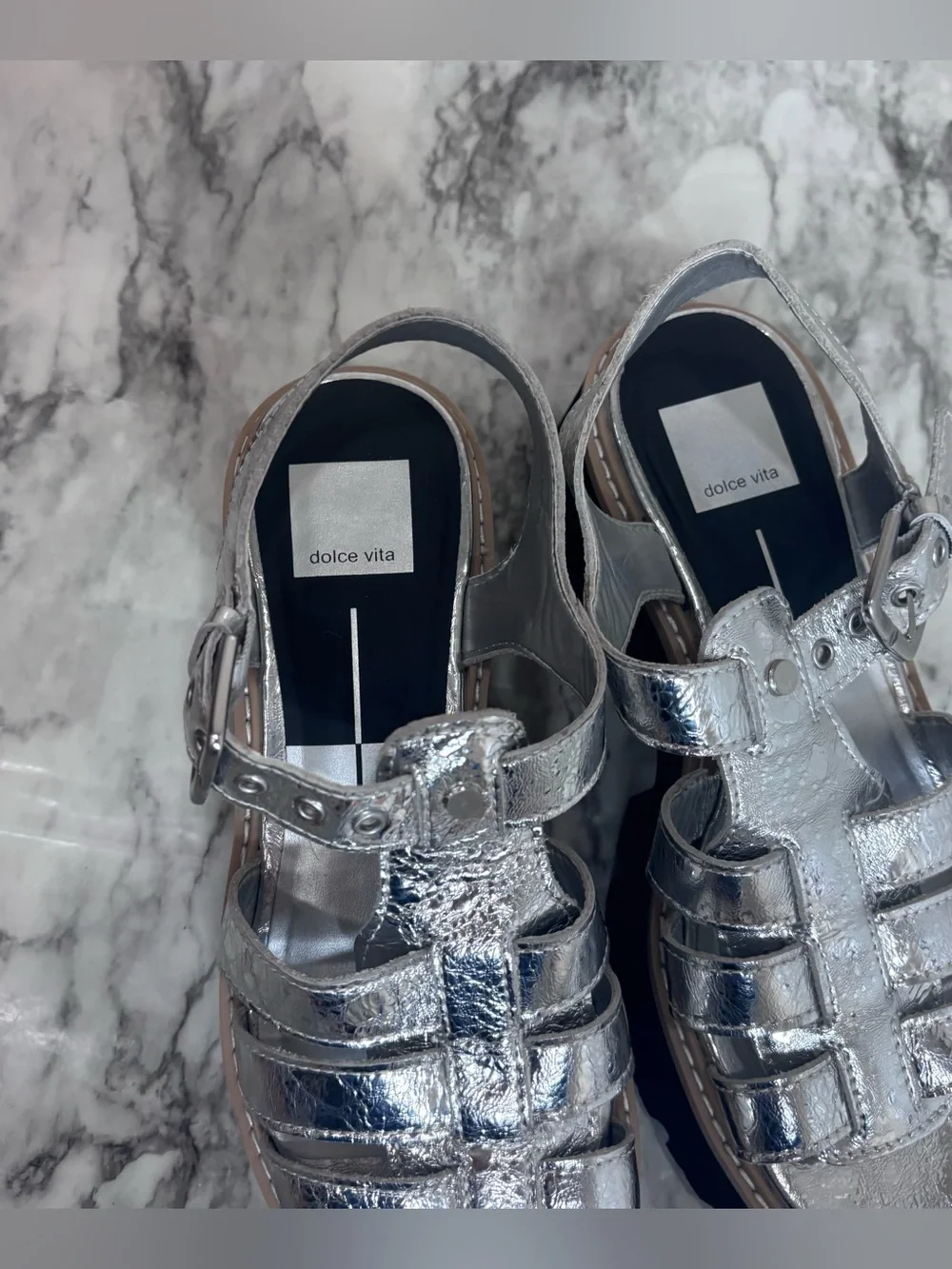 Dolce Vita Metallic Silver Black Platform Fisherman Sandals shoes chunky 7.5